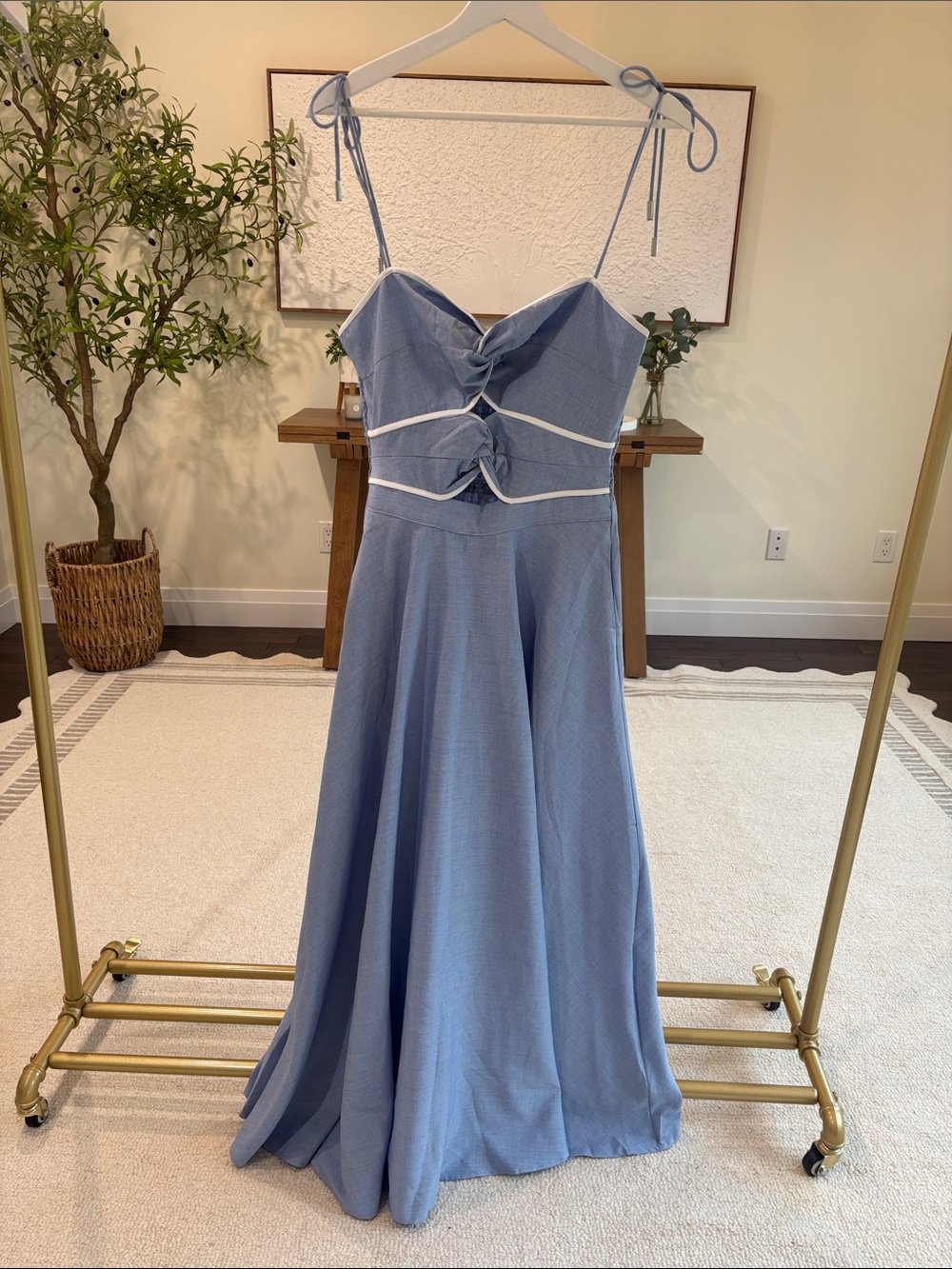 Commense Light Blue Tie-Front Maxi Dress with White Trim